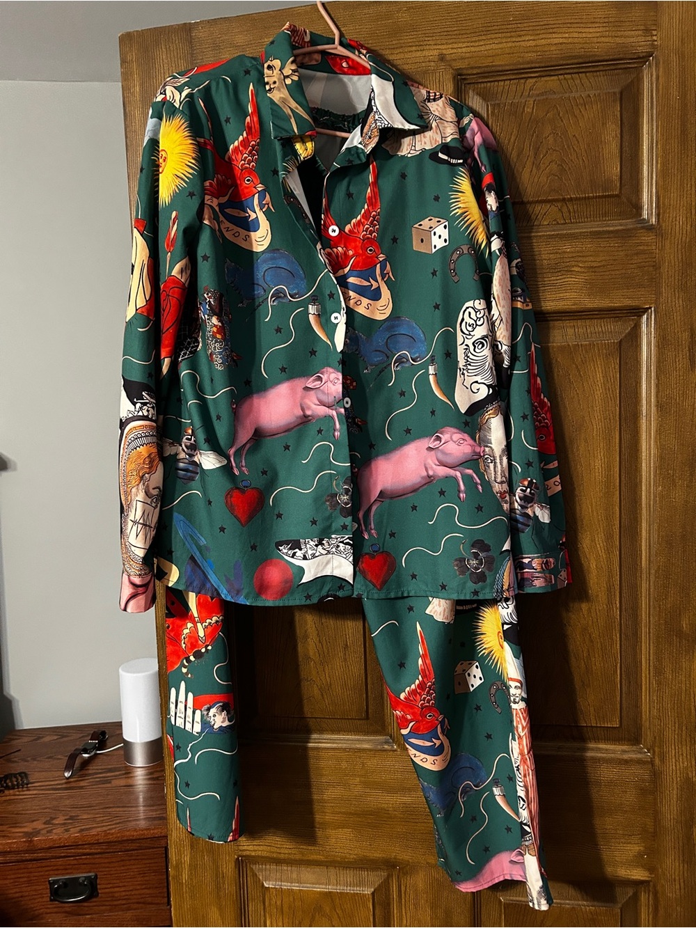 Green Printed Pantsuit with Pink Motifs